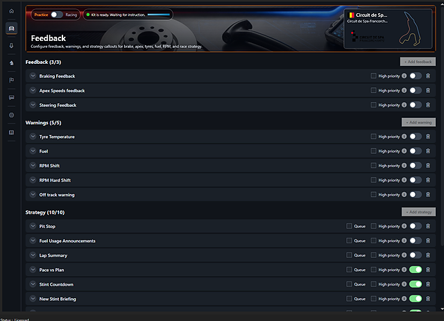 ApX feedback page with braking, apex, steering, tyre, fuel, RPM, and strategy callouts
