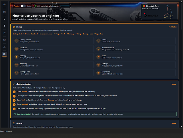 ApX in-plugin guide covering getting started, feedback, voice commands, strategy, and settings