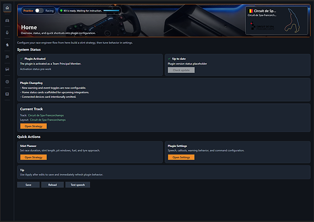 ApX home screen showing plugin status, current track, and shortcuts into strategy and settings