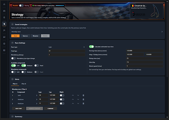 ApX strategy planner with race settings, compounds, and Plan A / Plan B stints