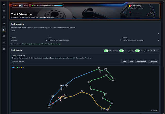 ApX track visualizer showing Spa-Francorchamps with numbered corners and pit entry