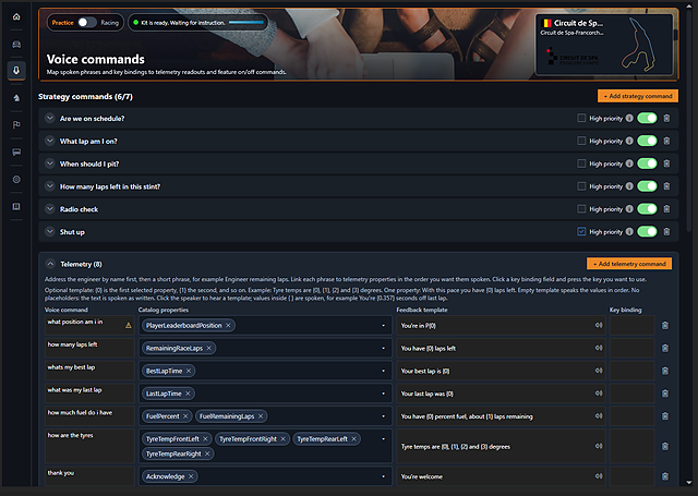 ApX voice commands page with strategy questions and custom telemetry phrases